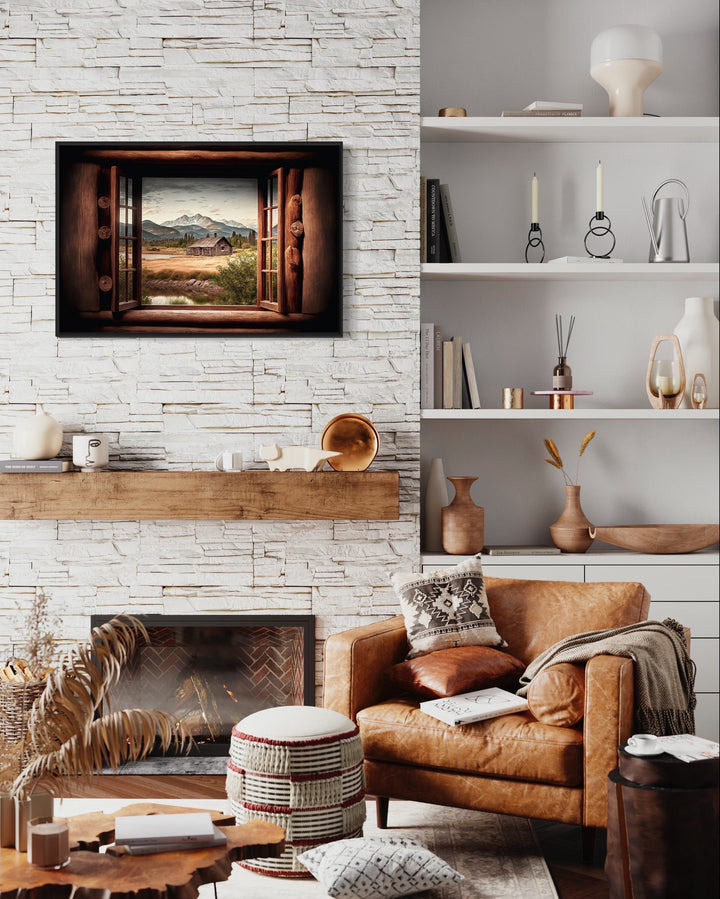 Mountain Cabin Seen Through Open Window Canvas Wall Art