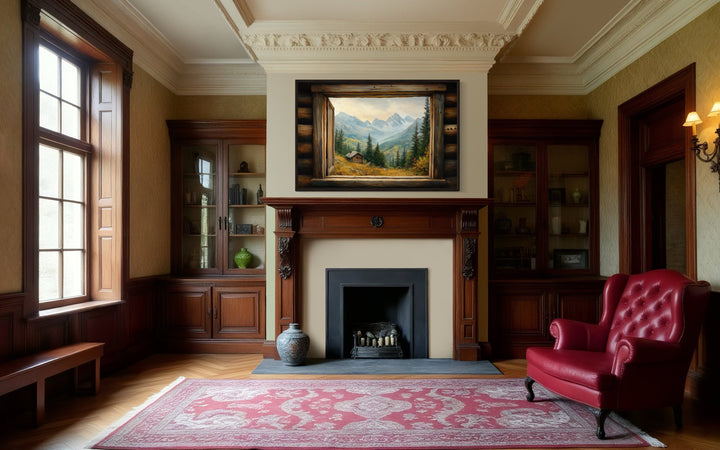 Mountain Cabin Seen Through Open Window Canvas Wall Art