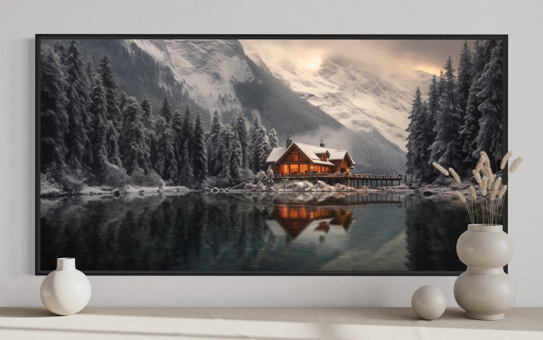 Framed panoramic canvas art of a glowing winter cabin reflected in a lake with snowy mountains.