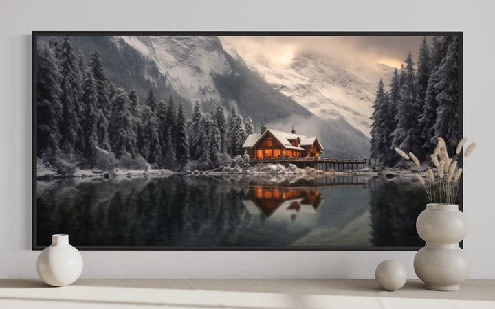 Framed panoramic canvas art of a glowing winter cabin reflected in a lake with snowy mountains.