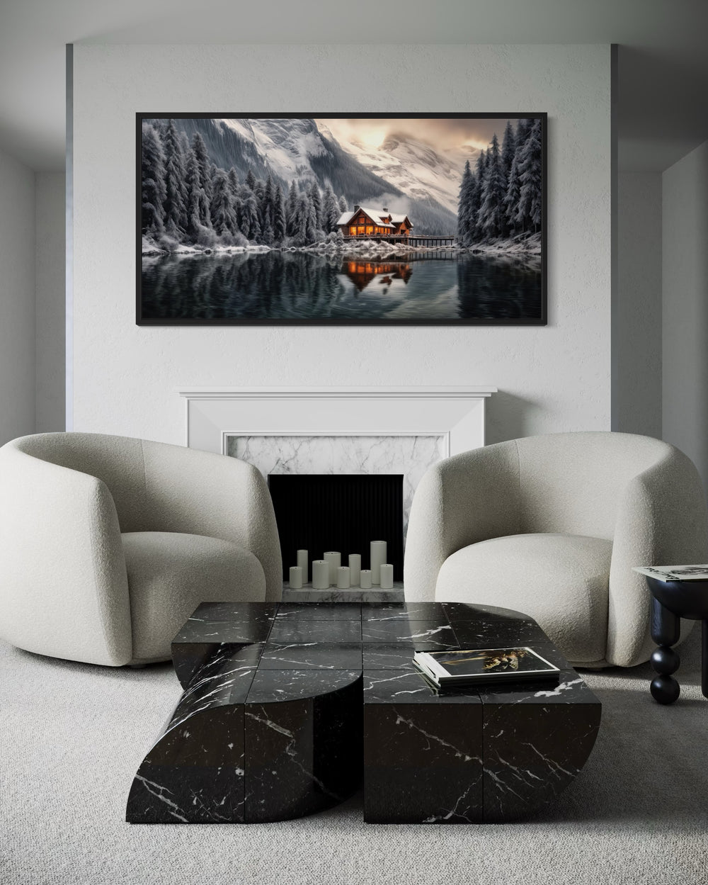 Framed panoramic canvas of a cozy winter cabin by a lake, hung above a modern white fireplace.