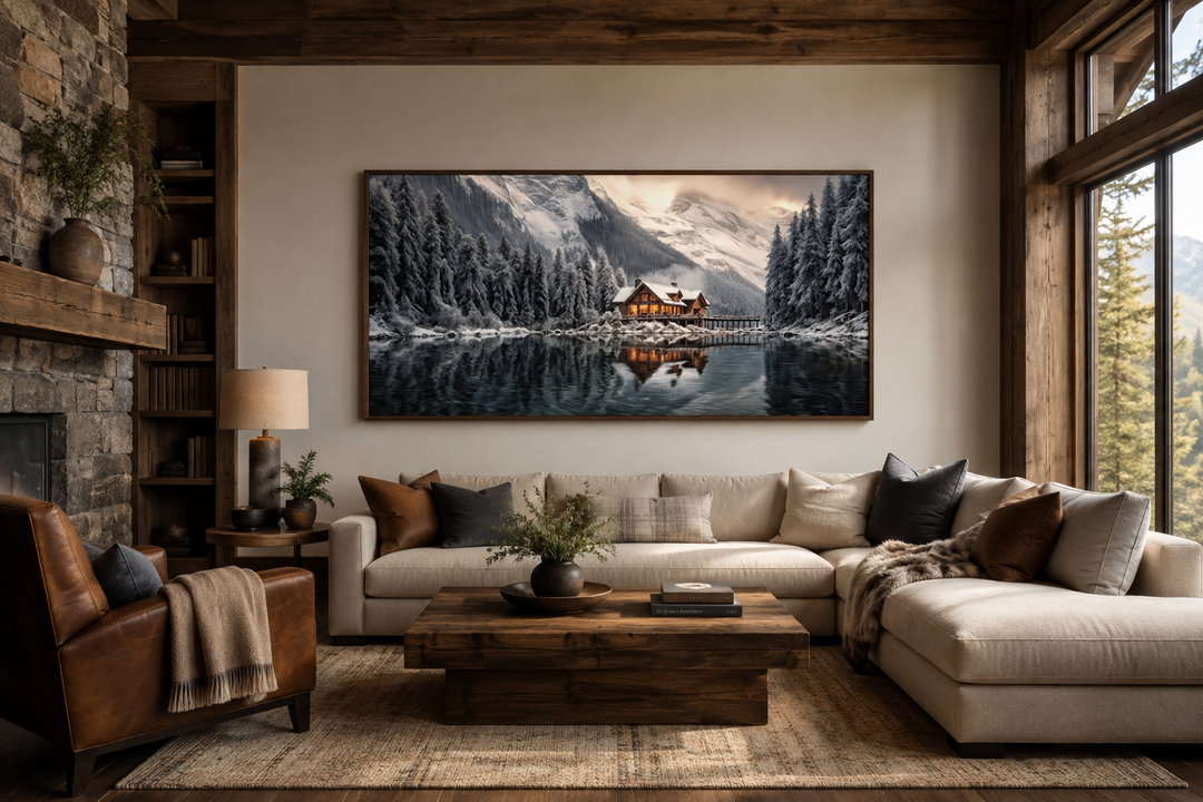 Panoramic framed canvas of a cozy winter cabin reflected in a lake, hung in a rustic living room.