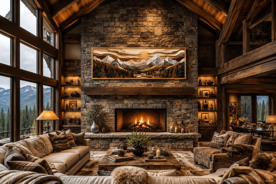 Panoramic mountain cabin canvas print displayed above a stone fireplace in a rustic lodge.
