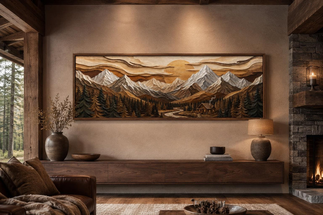 Panoramic mountain cabin canvas print with snow-capped peaks and pine forest above a wood mantel.