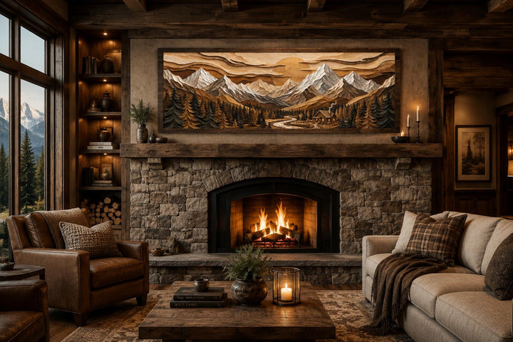 Panoramic mountain cabin canvas print displayed above a stone fireplace in a rustic lodge room.