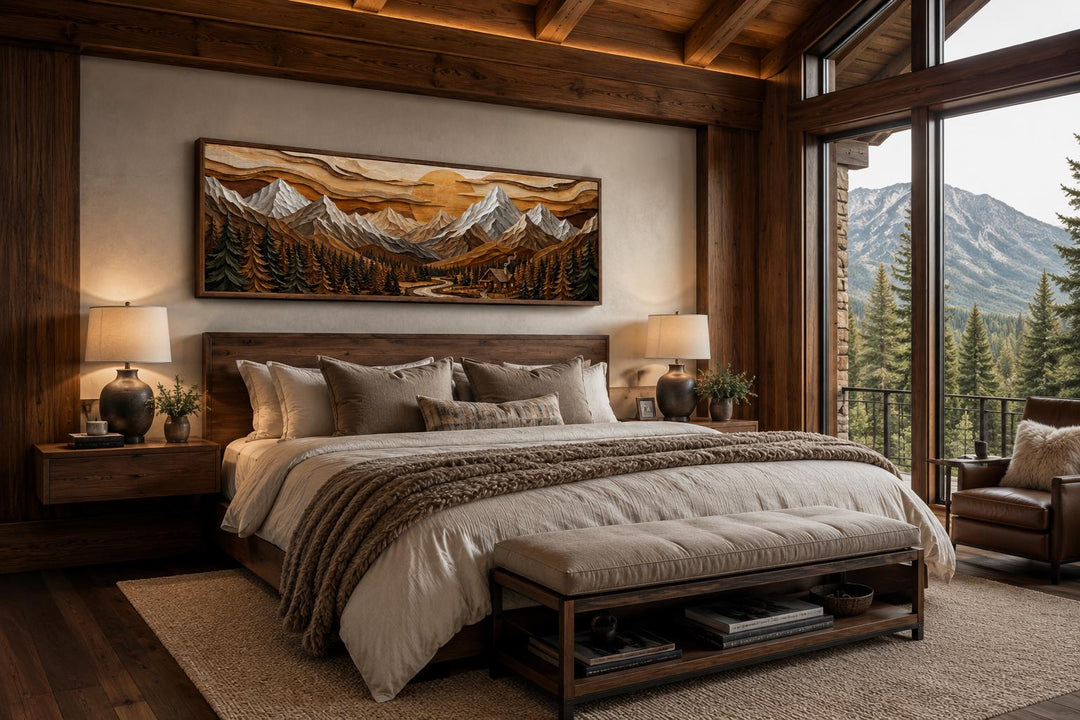 Panoramic mountain cabin canvas print with snow-capped peaks and pine forest above a wooden bed.