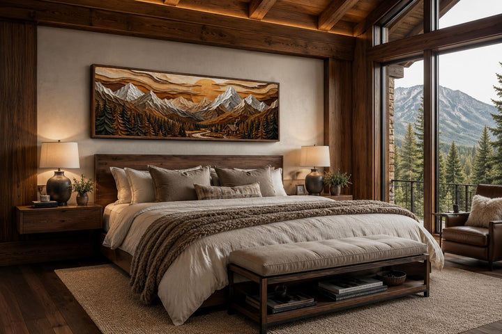 Panoramic mountain cabin canvas print with snow-capped peaks and pine forest above a wooden bed.