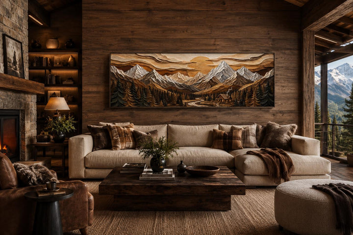 Panoramic mountain cabin canvas print above a sofa in a rustic lodge living room.