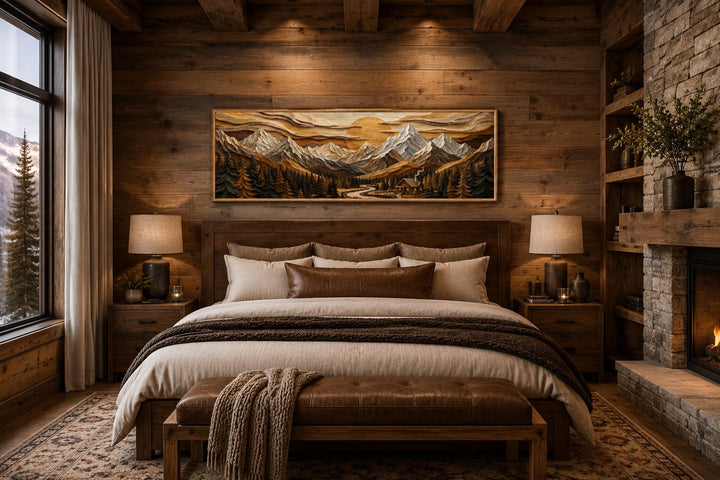 Panoramic mountain cabin canvas print above a bed in a rustic wood-paneled bedroom.