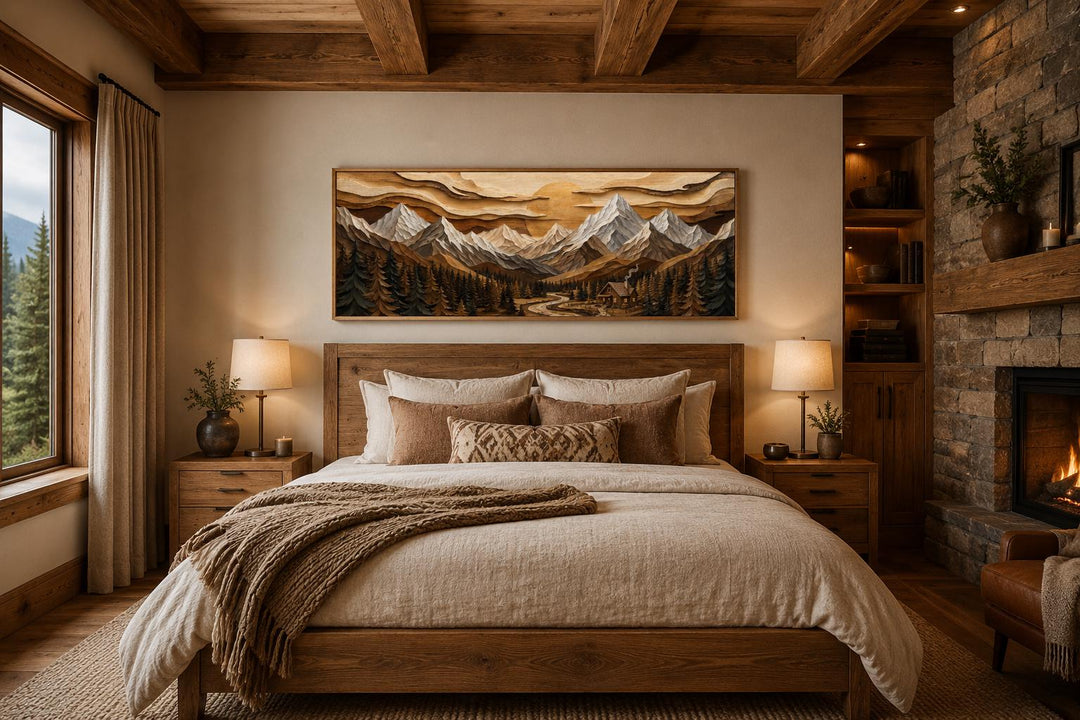 Panoramic mountain cabin wall art in a rustic bedroom above a wooden bed frame.