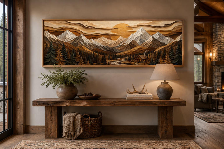 Panoramic mountain cabin canvas print with snow-capped peaks and pine forest in a rustic room.