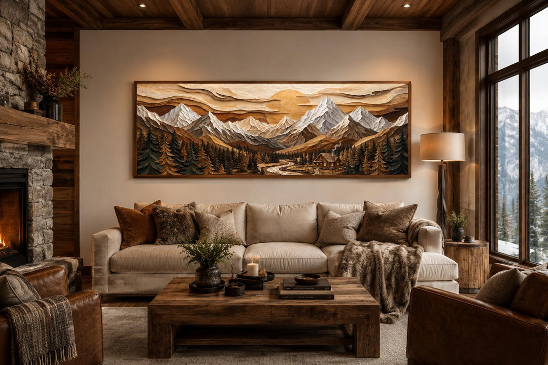 Panoramic mountain cabin canvas print above a sofa in a rustic lodge living room.