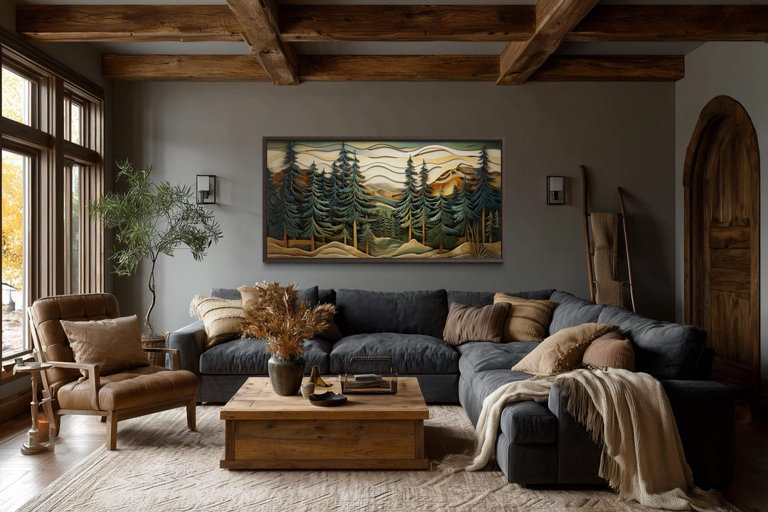 Panoramic mountain forest canvas wall art with pine trees in a rustic cabin living room.