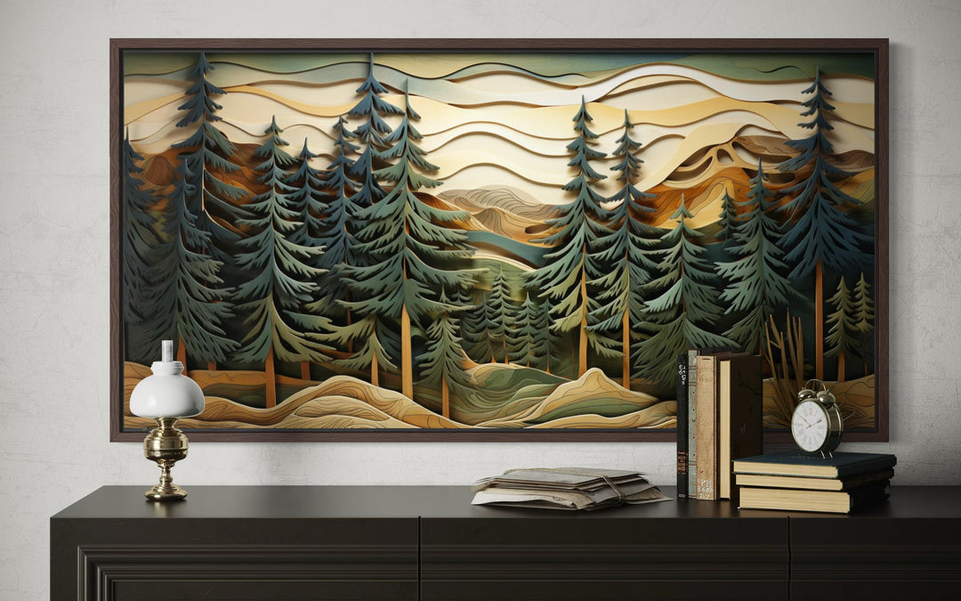 Mountain forest wall art featuring layered pine trees and golden peaks in a rustic cabin style.