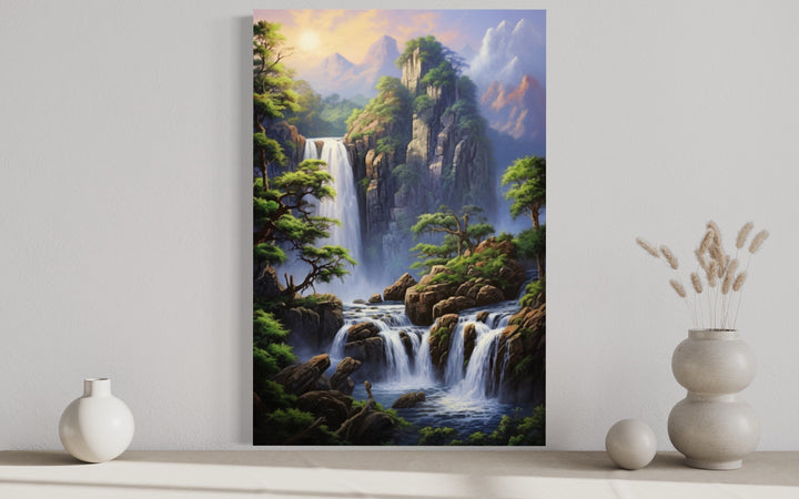 Mountain forest waterfall landscape framed canvas wall art.