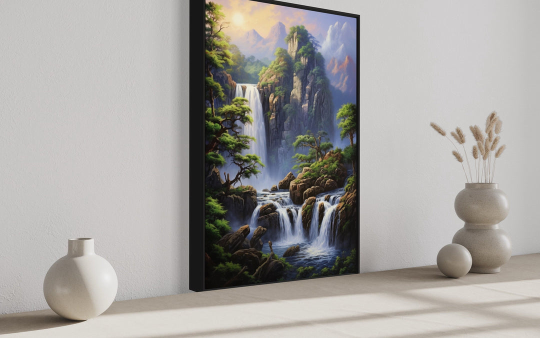 Mountain forest waterfall landscape framed canvas wall art.