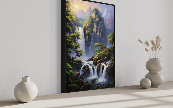Mountain forest waterfall landscape framed canvas wall art.
