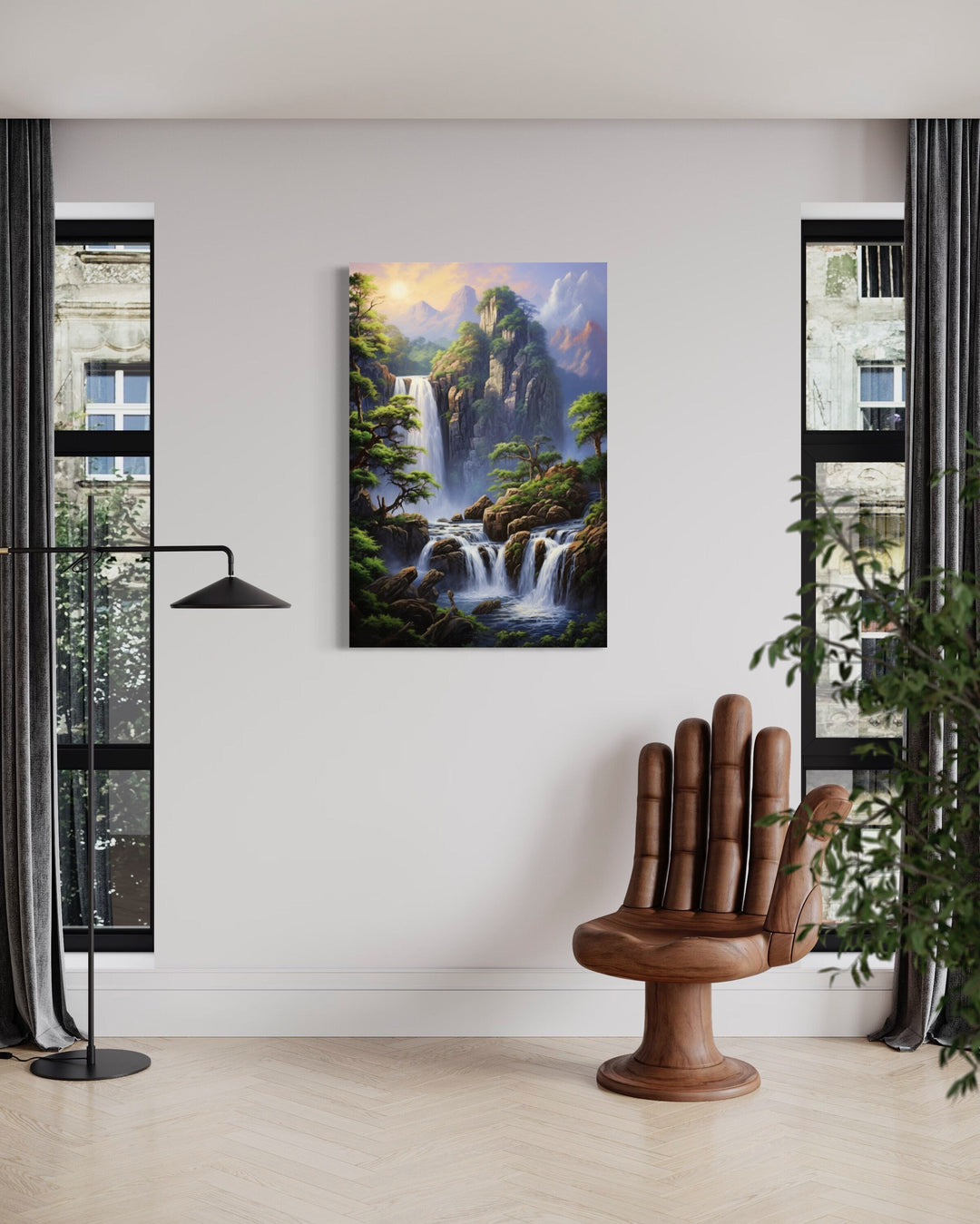 Mountain Forest Waterfall Landscape Framed Canvas Wall Art