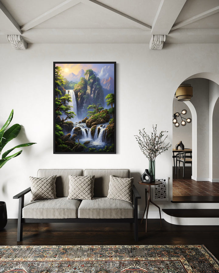 Framed mountain forest waterfall landscape canvas wall art.