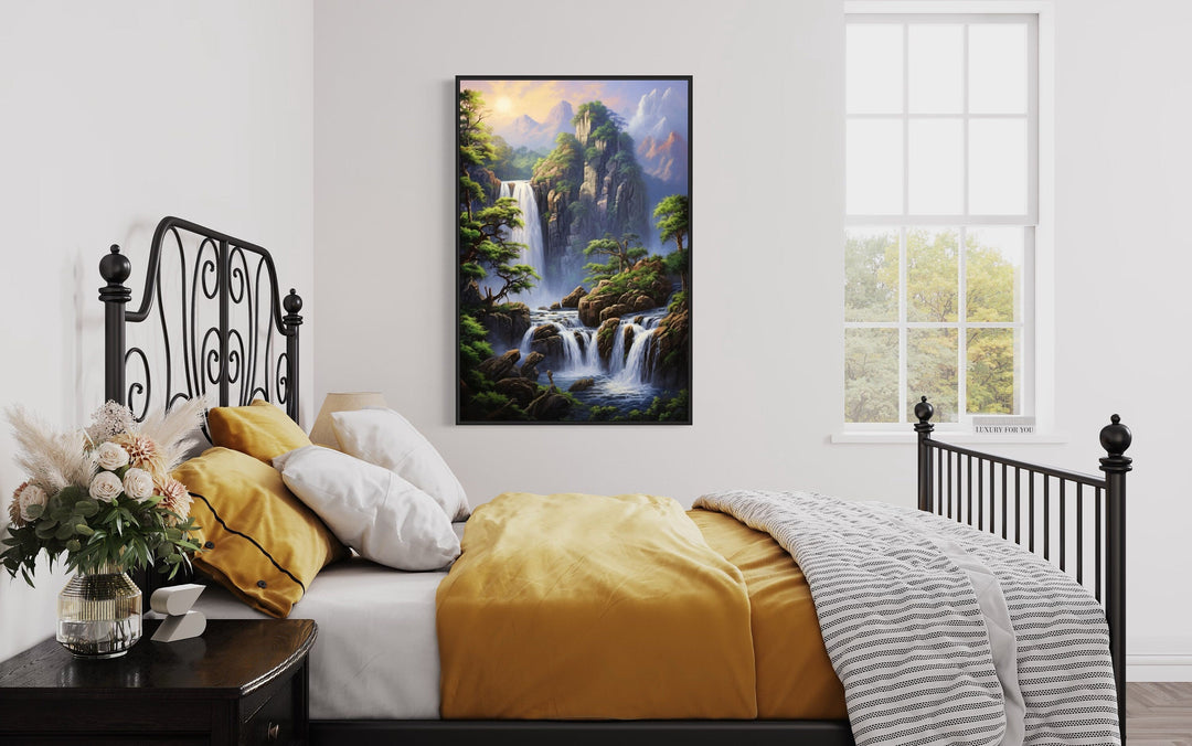 Mountain Forest Waterfall Landscape Framed Canvas Wall Art