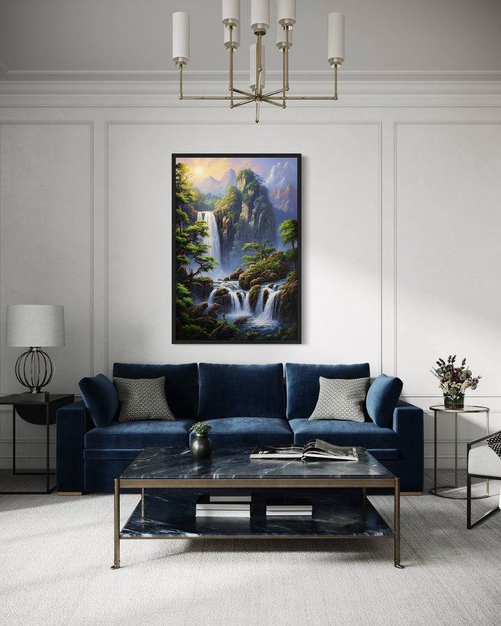 Mountain Forest Waterfall Landscape Framed Canvas Wall Art