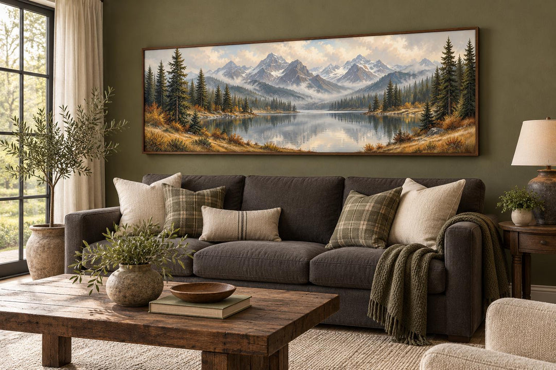 Mountain lake and autumn forest long horizontal canvas wall art above a dark grey sofa.