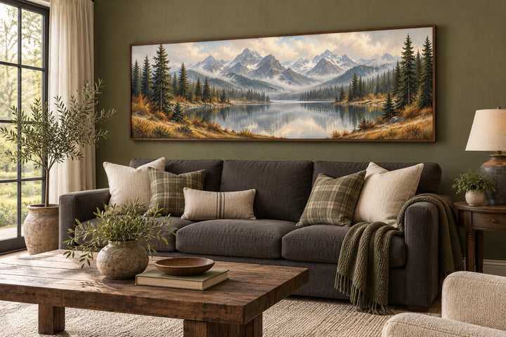 Mountain lake and autumn forest long horizontal canvas wall art above a dark grey sofa.