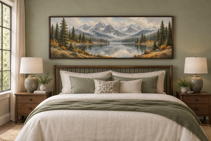Mountain Lake and Autumn Forest long horizontal canvas wall art hanging above a wooden bed frame.