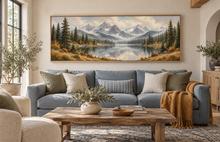 Long horizontal canvas wall art of a mountain lake and autumn forest above a blue sofa.
