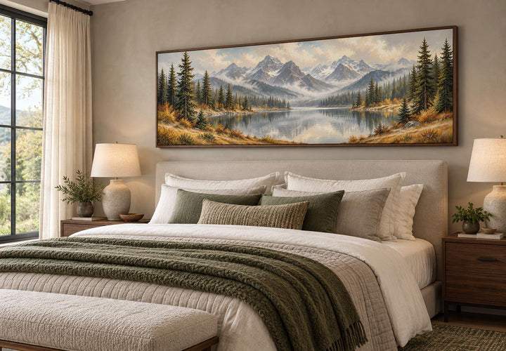 Mountain Lake and Autumn Forest long horizontal canvas wall art hanging above a bed.