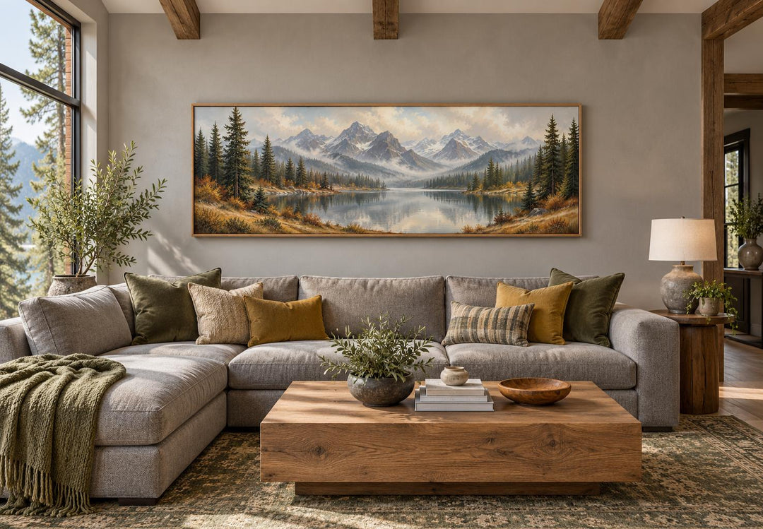Long horizontal canvas wall art of a mountain lake and autumn forest above a gray sectional sofa.