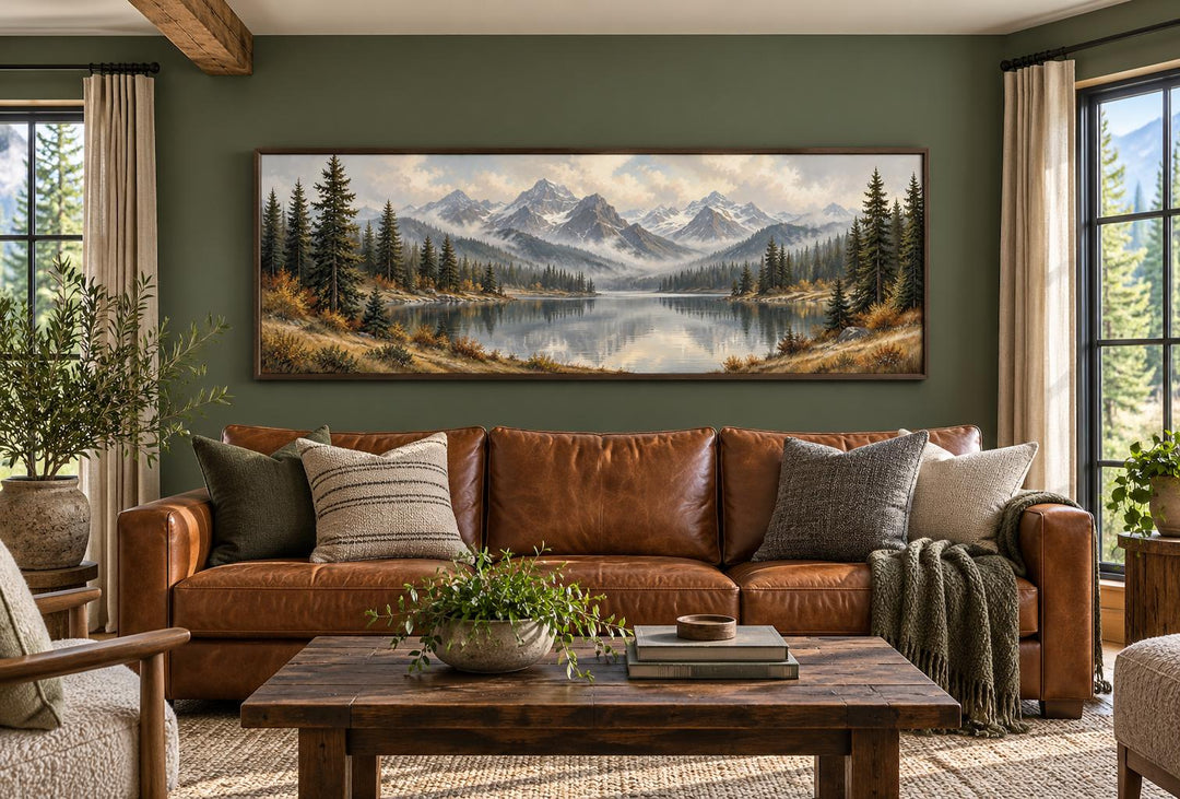 Mountain Lake and Autumn Forest long horizontal canvas wall art above a brown leather sofa.