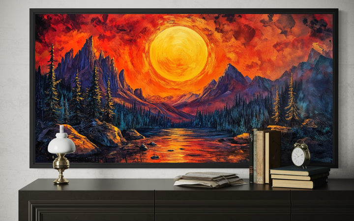 Mountain Lake Fiery Sunset canvas wall art featuring a vibrant sun over peaks and a glowing lake.