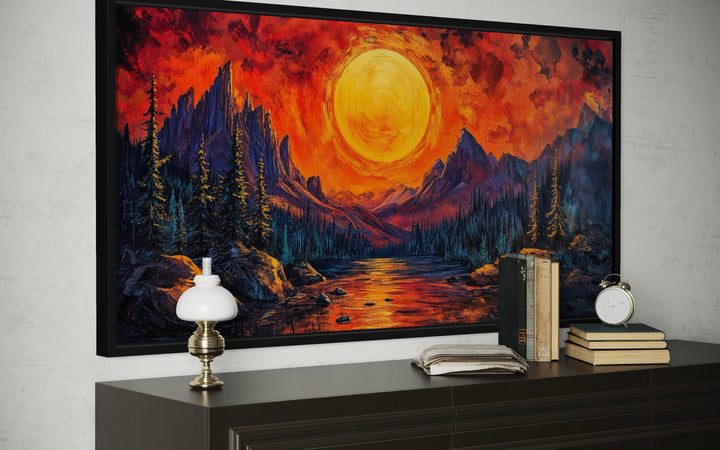Mountain Lake Fiery Sunset canvas wall art featuring a vibrant sun over a dramatic alpine landscape.