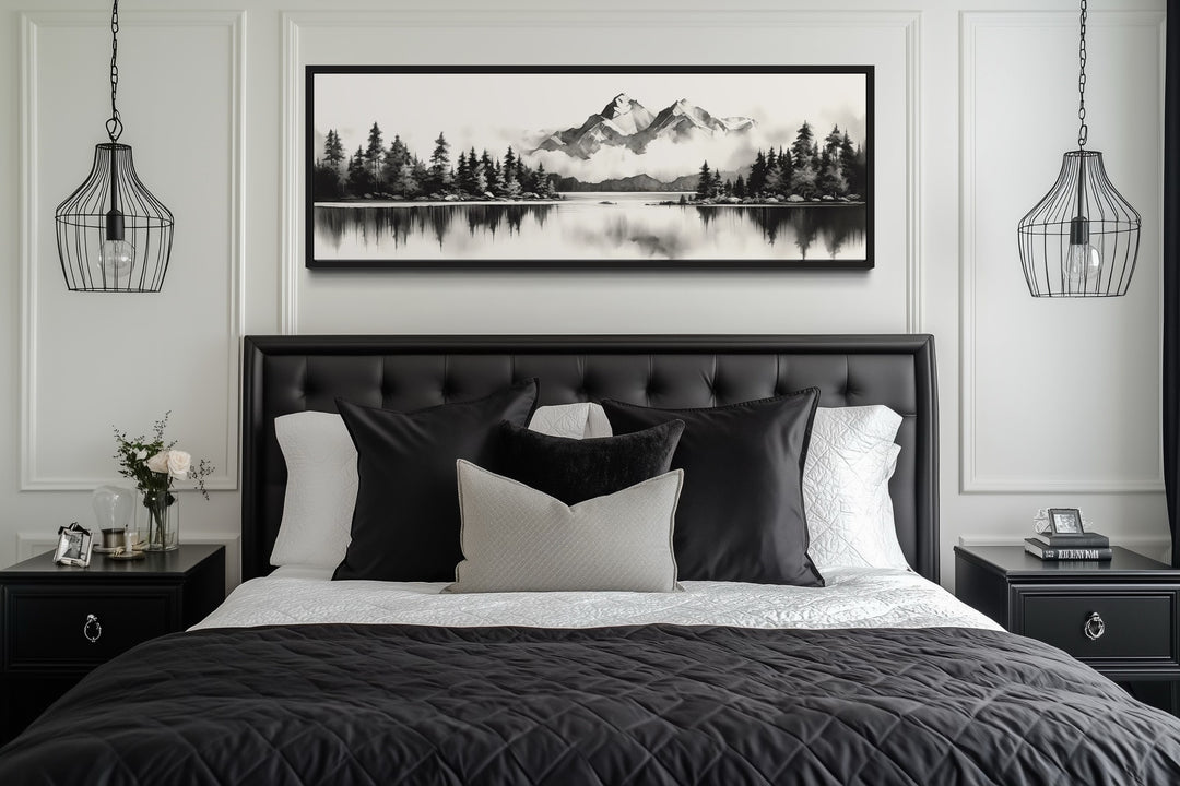 Mountain Lake Landscape Black And White Narrow Canvas Wall Art