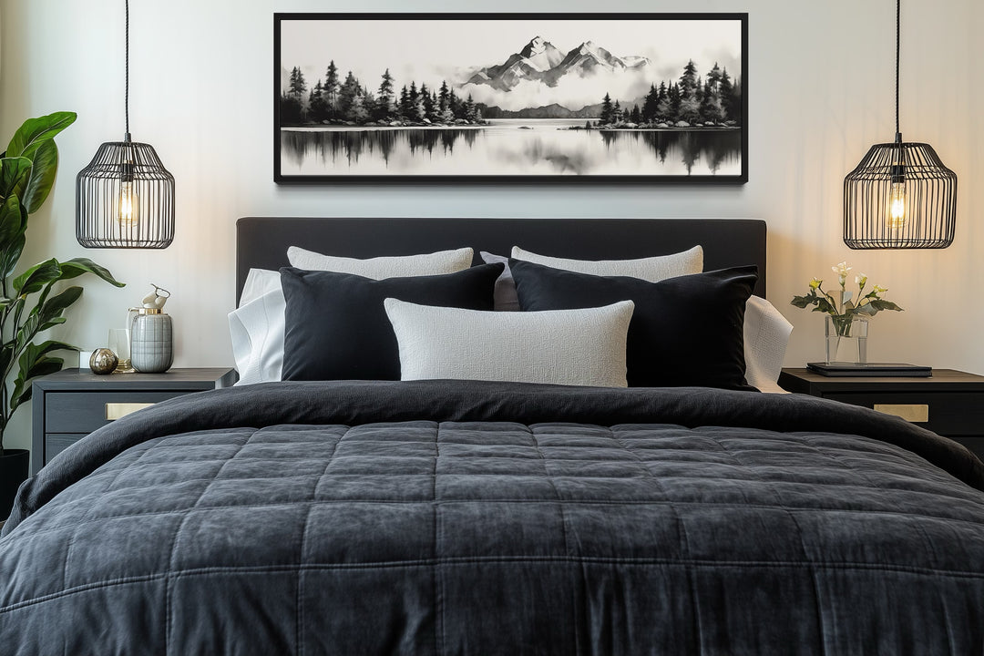 Mountain Lake Landscape Black And White Narrow Canvas Wall Art