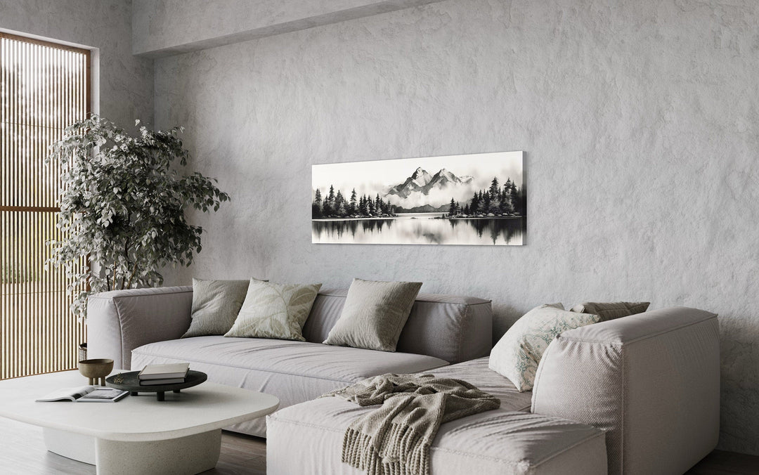 Mountain Lake Landscape Black And White Narrow Canvas Wall Art