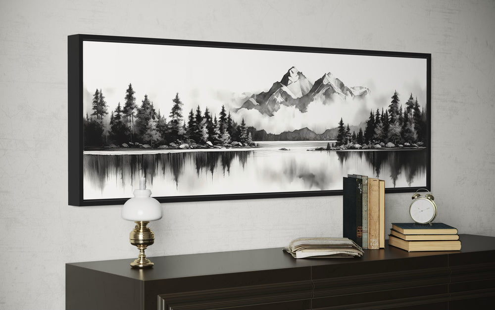 Mountain Lake Landscape Black And White Narrow Canvas Wall Art