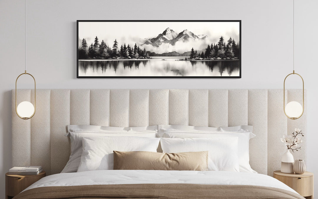 Mountain Lake Landscape Black And White Narrow Canvas Wall Art