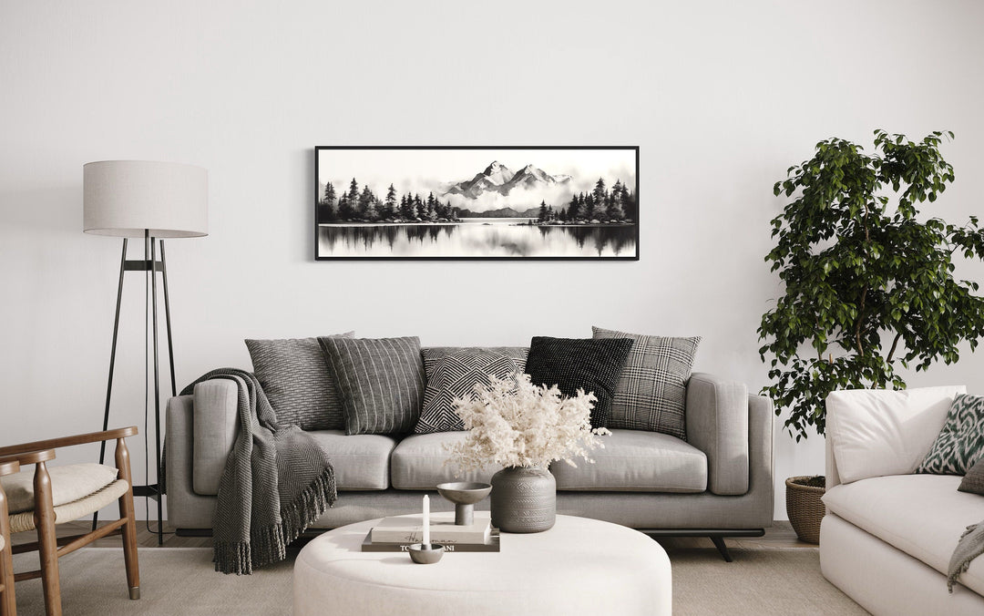 Mountain Lake Landscape Black And White Narrow Canvas Wall Art