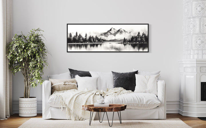 Mountain Lake Landscape Black And White Narrow Canvas Wall Art