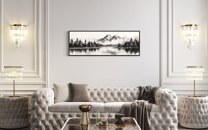 Mountain Lake Landscape Black And White Narrow Canvas Wall Art