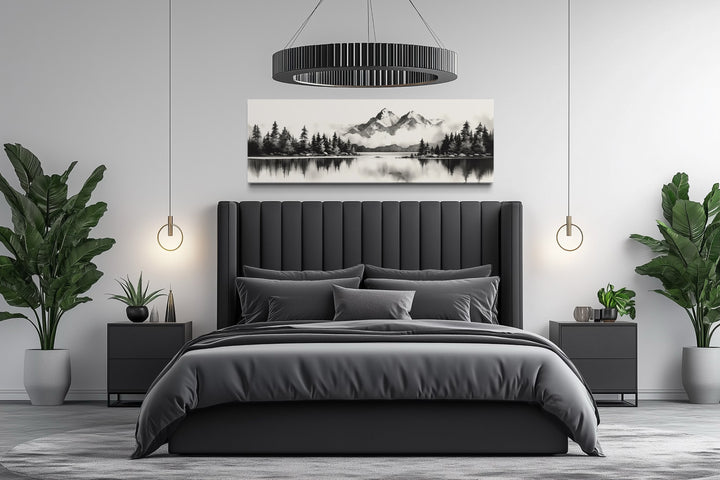 Mountain Lake Landscape Black And White Narrow Canvas Wall Art