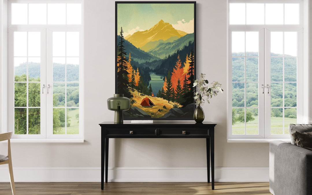 Mountain Lake Landscape Camping Tent Framed Canvas Wall Art