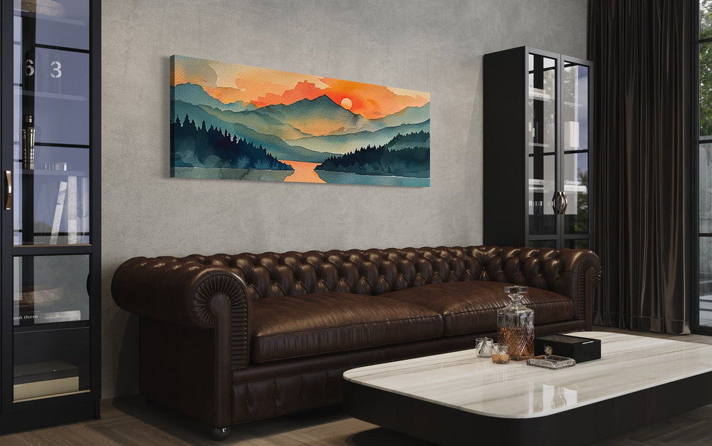 Mountain Lake Sunset Mid Century Modern Panoramic Wall Art-Wall Decor Delights