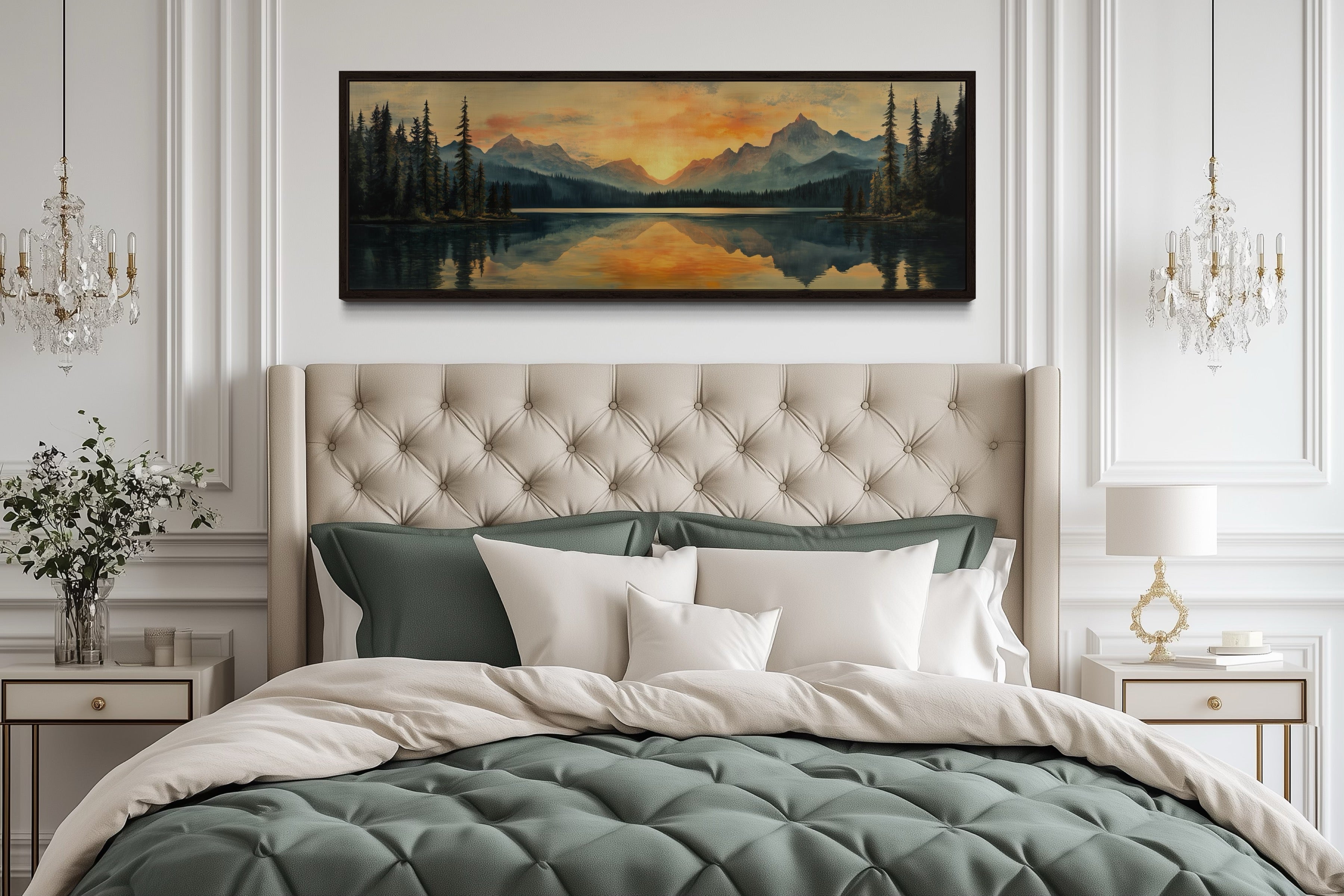 Panoramic Mountain Lake Sunset Wall Art | Mid Century Modern