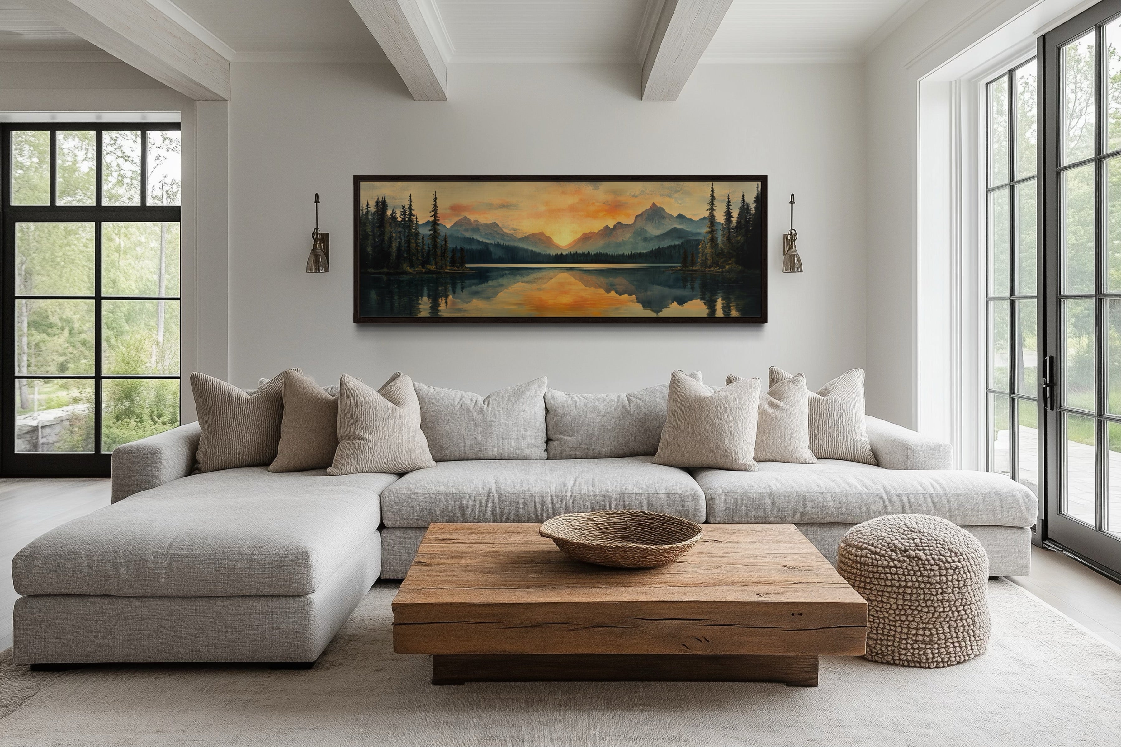 Panoramic Mountain Lake Sunset Wall Art | Mid Century Modern