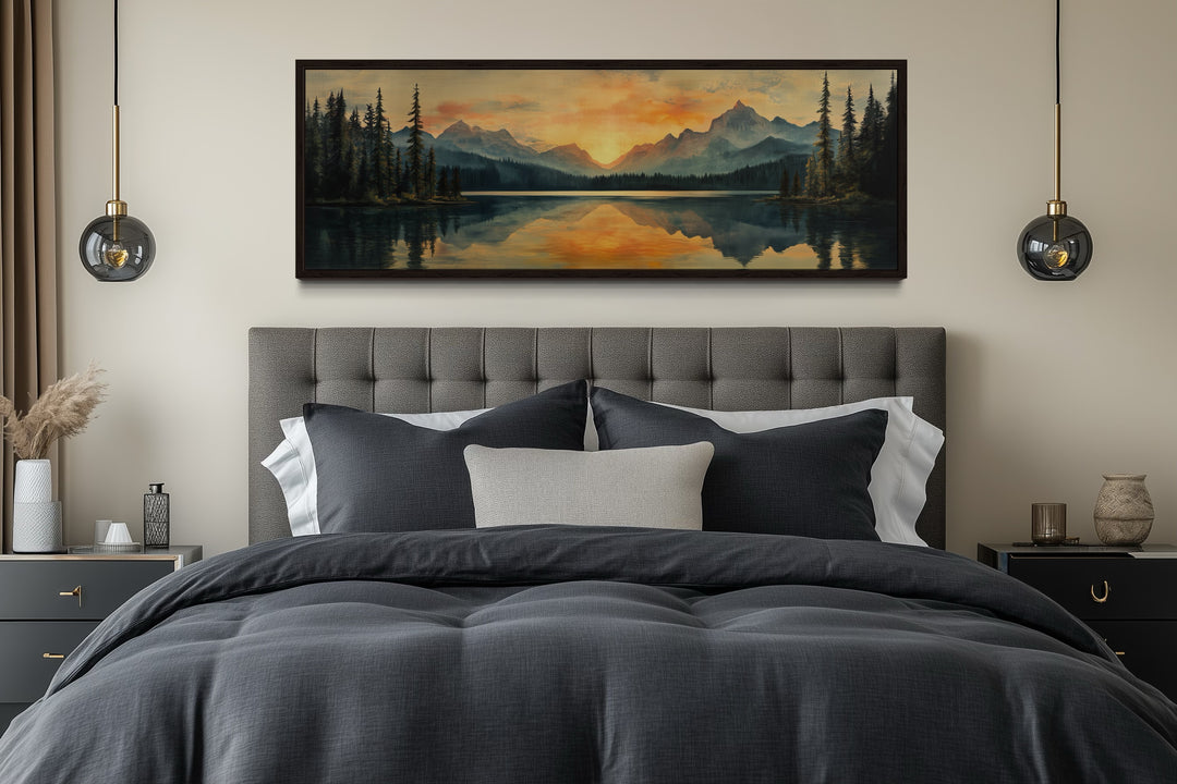 Mountain Lake Sunset Mid Century Modern Panoramic Wall Art
