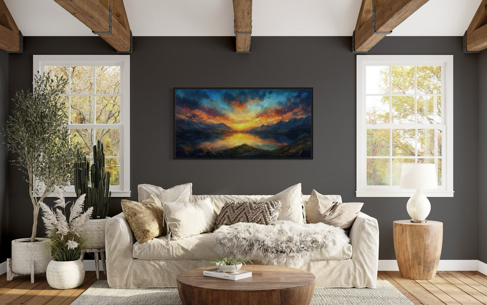 Mountain Lake Sunset Nature Landscape Framed Canvas Wall Art in a living room filled with furniture