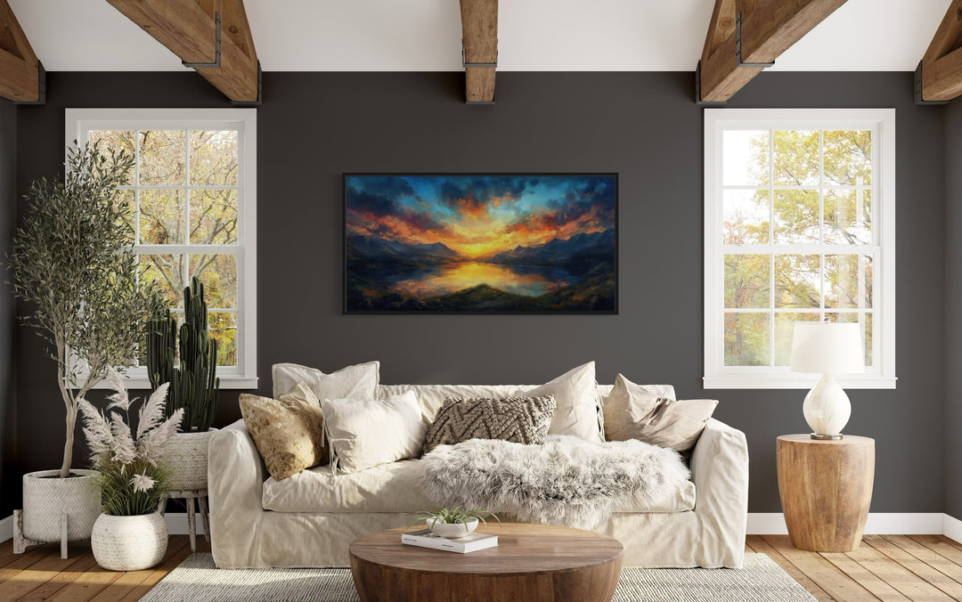 Mountain Lake Sunset Nature Landscape Framed Canvas Wall Art